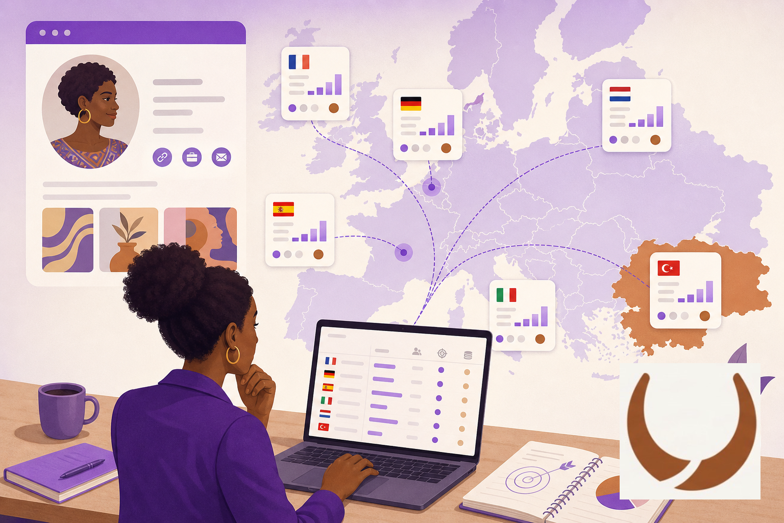 Task: Inline illustration for an article section.
Article topic: Comprendre les nouvelles location fees de Meta et pourquoi une profile page peut aider à mieux présenter son activité
Section theme (do not render this text in the image): Le troisième impact est stratégique. Si vos campagnes sont tournées vers plusieurs marchés européens ou vers la Türkiye, il devient plus utile de suivre le coût réel par audience, par pays et par objectif. Cela peut influencer vos arbitrages de ciblage, vos enchères et vos priorités d’acquisition. citeturn0search0