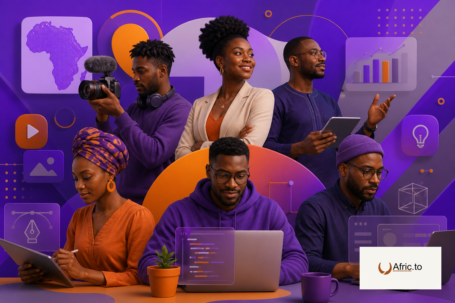 Task: Inline illustration for an article section.
Article topic: Afric To : la plateforme pour découvrir, connecter et mieux présenter les talents africains
Section theme (do not render this text in the image): La plateforme peut convenir à :
- des créateurs de contenu
- des freelances
- des entrepreneurs
- des développeurs
- des designers
- des innovateurs
- des talents africains qui veulent une présence plus claire en ligne